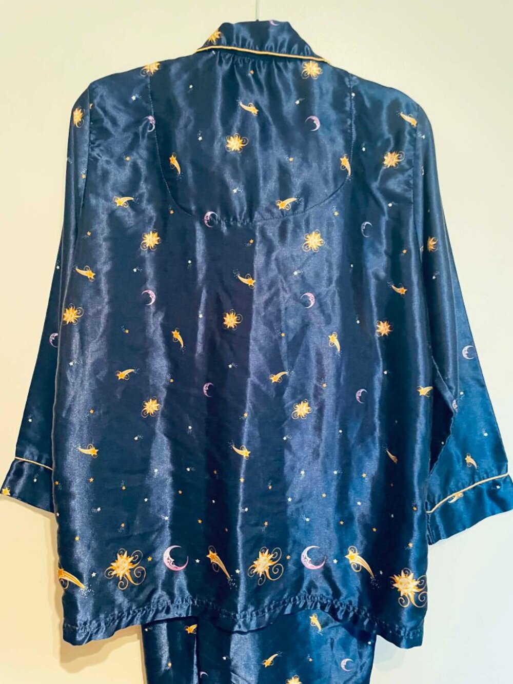 Vintage Celestial Moon Stars Satin Pajama Set Navy Blue gold Witchy W. Size 12 - Picture 4 of 14